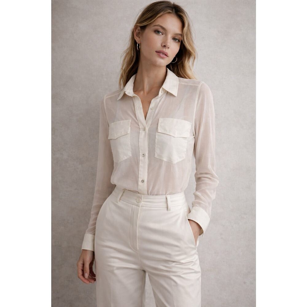 VTG Y2K Cache Silk Sheer Long Sleeve White Blouse Bodysuit Minimalist USA Made M